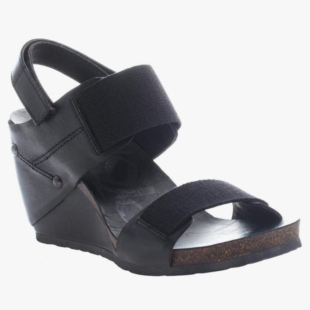 OTBT Black Leather & Elastic Strap Wedge Sandals